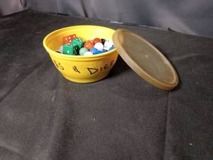 lot 4687 image: Mixed Game Dice and Marbles Collection in Yellow Bowl