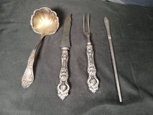 lot 4690 image: Ornate Silver Plate Serving Set with Shell Spoon and Carving Utensils