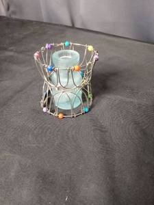 lot 4694 image: Wire Basket with Colorful Beads and Glass Vase