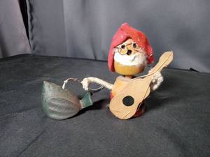 lot 4695 image: Handmade Wooden Christmas Gnome with Guitar and Bird Ornament Set