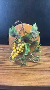 lot 40535 image: Wooden Bowl with Metal Wire Grape Decoration