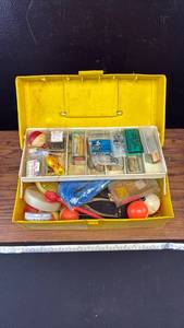 lot 40560 image: Yellow Fishing Tackle Box Series 2000 with Assorted Lures and Gear
