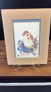 lot 40562 image: Framed Rooster Watercolor Print with Floral Ribbon