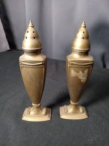 lot 4735 image: Brass Salt and Pepper Shaker Set with Greek Key Design