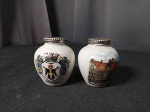 German Porcelain Salt and Pepper Shakers with Coat of Arms and Munich Scenes