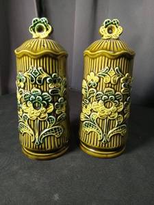 lot 4770 image: Green Glazed Ceramic Salt and Pepper Shakers with Floral Design