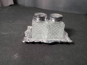 lot 4773 image: Crystal Cut Glass Salt and Pepper Shakers with Decorative Tray