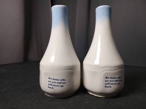 lot 4806 image: Blue and White Ceramic Salt and Pepper Shaker Set with Quote