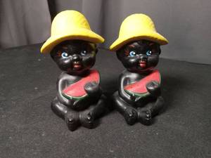 lot 4826 image: Black Americana Salt and Pepper Shakers with Yellow Hats and Watermelon