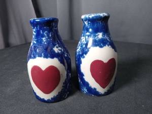 lot 4828 image: Blue and White Ceramic Salt and Pepper Shakers with Red Heart Design