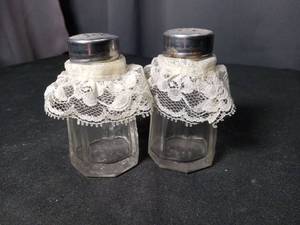 lot 4836 image: Glass Salt and Pepper Shakers with Lace Trim