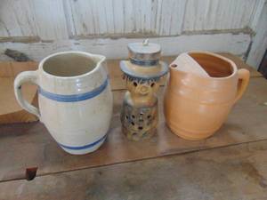 lot 4411 image: Pair of Crock Pitchers and Candle Holder
