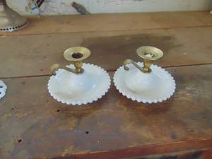 lot 4429 image: Pair of Milk Glass and Brass Candle Holders