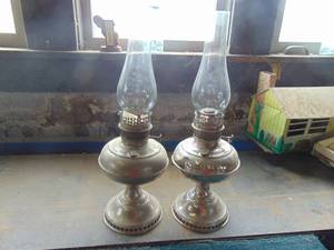 lot 4465 image: Pair of Metal Based Oil Lamps