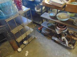 lot 4586 image: 3 Art Deco Styled Metal Shelves and Contents