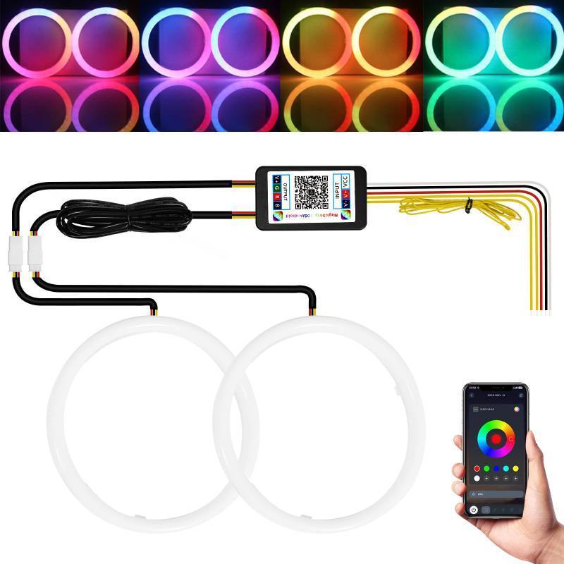 lot 45239 image: Angel Eyes Halo Rings Cotton Lights 12V 90MM RGB LED Universal for Car Scooter Motorcycle DRL Turn Signal Light APP Bluetooth Control Multi-Color 2-Pack - Retail $39