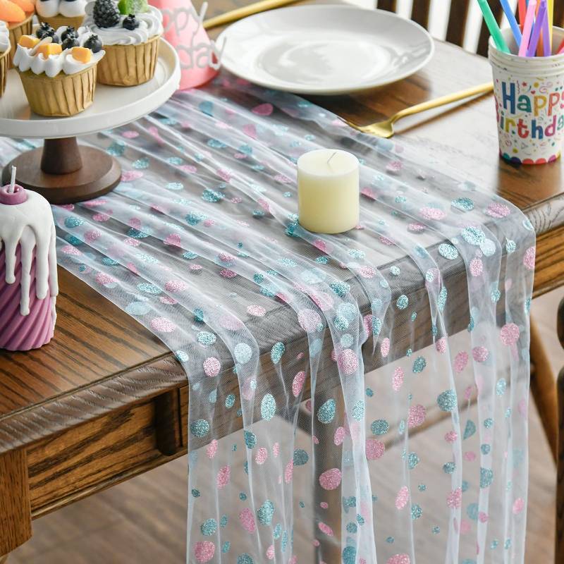 lot 45248 image: Mode Pink Polka Dots Blue Gauze Table Runner 120 Inch 10FT, Summer Sheer Dining Holiday Wedding Birthday Baby Shower Table Decor for Home Party - Retail $8