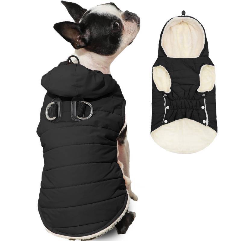 lot 45276 image: Fleece Lining Dog Hoodie with Harness Built in, Extra Warm Medium Dog Jacket in Winter Doggie Coats with Drawstring Hooded, Black XL - Retail $36