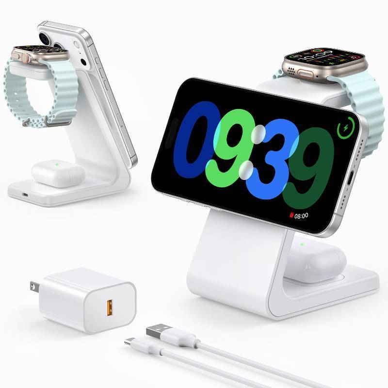 lot 45284 image: 3 in 1 Wireless Charging Station for Apple MagSafe Charger, 15W Fast MagSafe Charger Stand Compatible with iPhone 17-12 Series, Apple Watch & AirPods, White - Retail $19