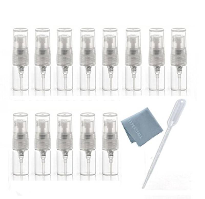 lot 45302 image: 10pcs Mini Clear 2ml 58 Dram Fine Mist Atomizer Vial Glass Bottle Spray Refillable Perfume Empty Sample Bottle Clean Cloth for Travel Party Free 3ML Dropper - Retail $6