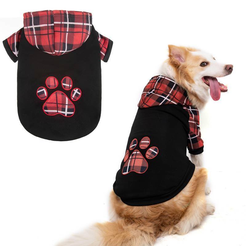 lot 45318 image: Plaid Dog Hoodie Pet Clothes Sweater with Hat and Pocket for Small Medium Large Size Dogs, Soft Winter Warm Dog Cold Weather Coat, Fleece Fall Dog Hooded Sweatshirt for Puppy Cats, Red XL - Retail $21