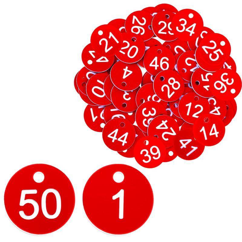 lot 45344 image: 1-49 Number Tags, Plastic ID Number Hang Tags with Hole, Engraved Round Numbered Marking Identification Tags, Key Box Cabinet Organized Coding Tag(Red) - Retail $7