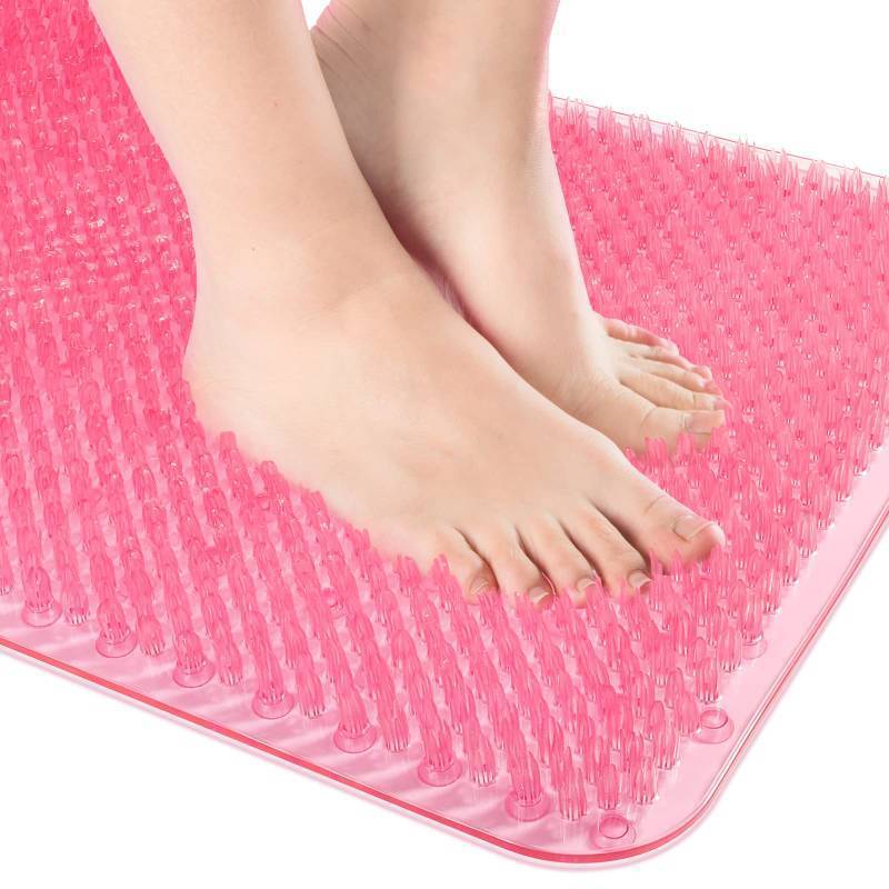 lot 45362 image: Non Slip Grassy Bathtub Mat  25.6X13.4 inches Sturdy But Soft Bath Mat Quick Drain Shower Floor Mat with Soft Bristles for Scrubbing Feet (Clear Pink) - Retail $20