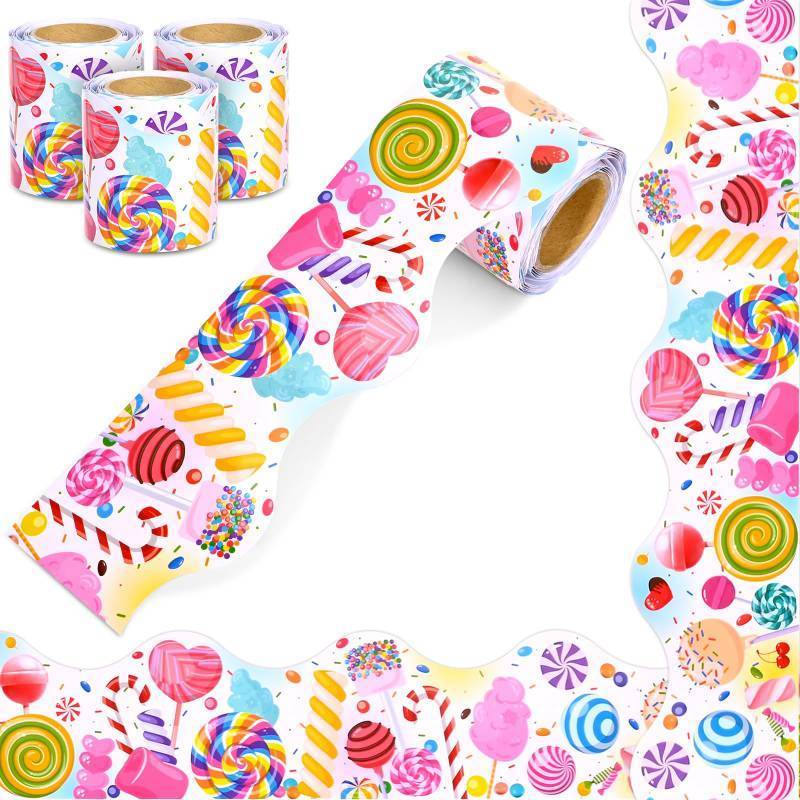 lot 45374 image: 3Rolls 99Ft Candyland Bulletin Board Borders Lollipop Sweet Candy Scalloped Trim Bulletin Borders Back to School Classroom Chalkboard Decor Teacher Student Use for Classroom School Decoration - Retail $16