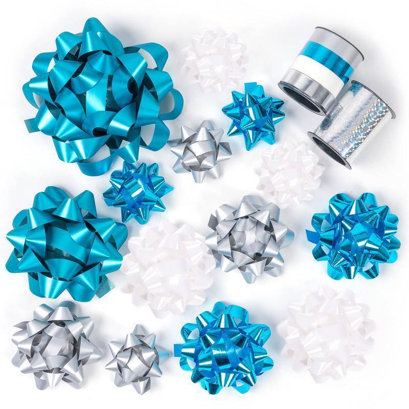 lot 45377 image: 12 Pcs Gift Bows Assortment - 10 Multi Colored Assorted Size Gift Bows (Turquoise, Silver, White) and 2 Crimped Curling Ribbons, Perfect for Christmas, Holiday, Party - Retail $16