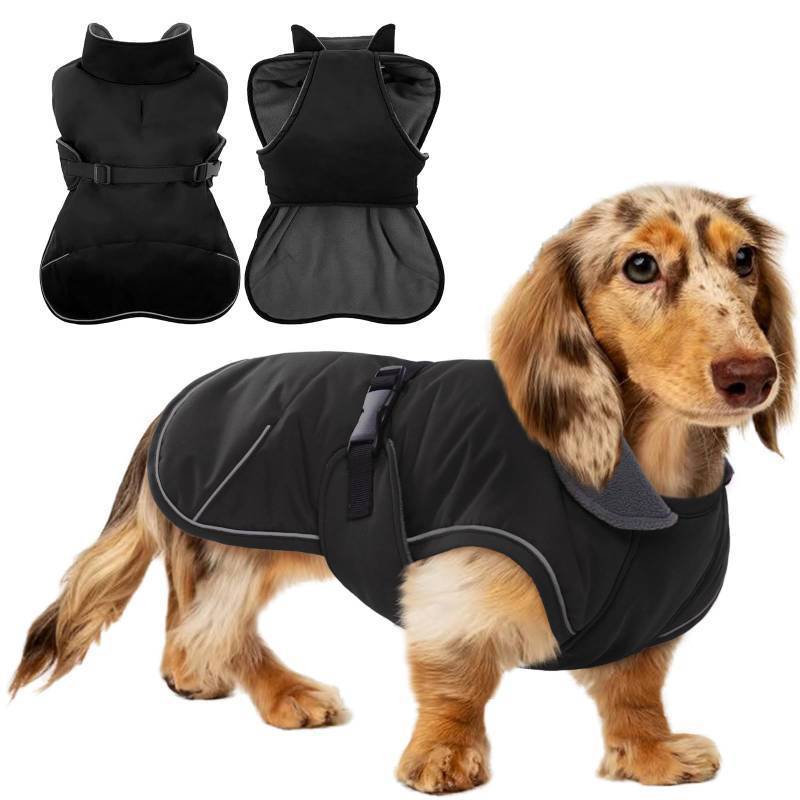 lot 45394 image: Waterproof & Windproof Dachshund Coat with Adjustable Bands, Thick & Soft Weiner Vest Raincoat for Medium Dogs, Weenie Winter Puffer Coat, Outdoor Clothes for Dachshunds, Male & Female Dogs(Black, M) - Retail $37