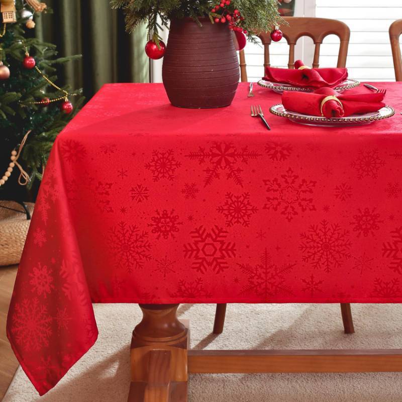 lot 45408 image: Christmas Tablecloth Rectangle, Jacquard Snowflake Pattern Table Cloth for Rectangle Tables, Water Resistant Rectangular Tablecloths for Dining Room & Holiday Decoration, 52 x 70 Red - Retail $17