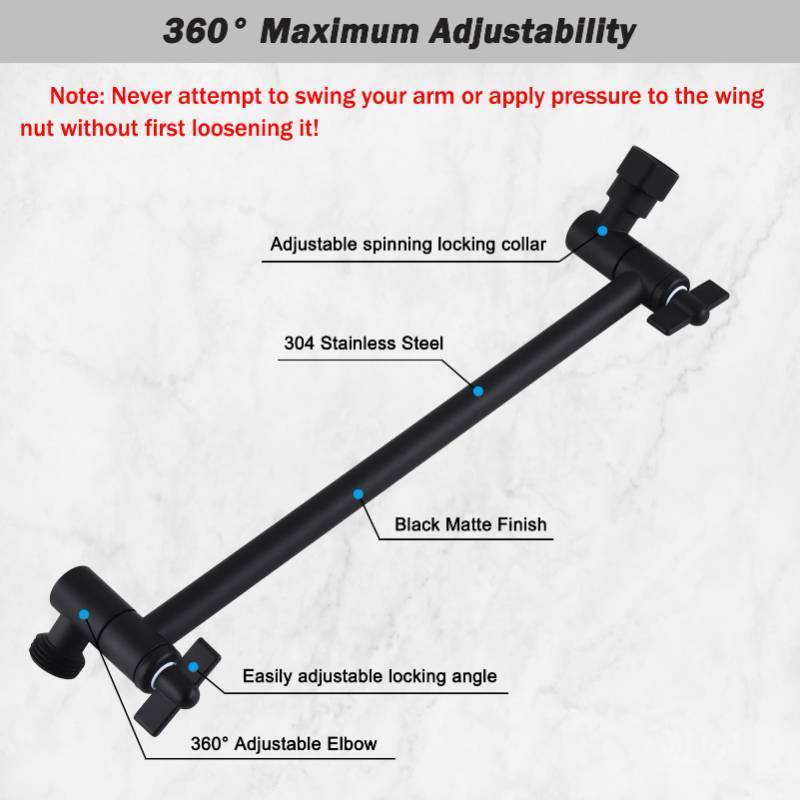 lot 45424 image: 12-Inch Shower Head Extension Arm, Adjustable Shower Extension Arm, Stainless Steel Shower Arm Extender, Compatible with G12 Universal Connector, Black - Retail $15