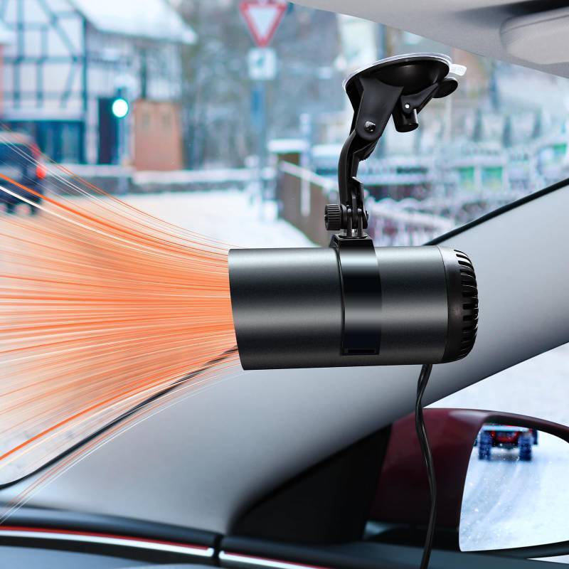 lot 45427 image: 12V Car Heater, 150W 2 in 1 Fast Portable fan Heater and Defroster for Car Windshield, Car Heater that Plugs Into Cigarette Lighter with Suction Holder for All Cars (Black) - Retail $17