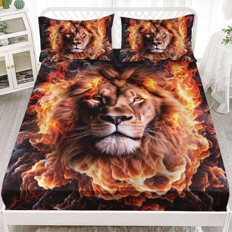 lot 45435 image: 3D Fire Smoky Lion Pattern Fitted Sheet Set Twin Size - 3 Pieces Animal Print Bed Sheet Set for Boys Girls (1 Fitted Sheet, 2 Pillowcases) - Retail $30