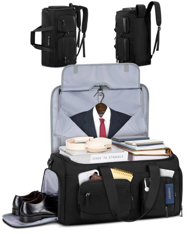 lot 45441 image: RAINSMORE Convertible Garment Bags for Travel, 45L Garment Duffle bag for Hanging Clothes, 3 in 1 Suit Travel Bag for Business Trips with Shoulder Strap, Carry On Suit Luggage for Men Women, Black - Retail $46