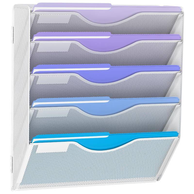 lot 45477 image: 5 Tier Hanging Wall File Organizer, Mesh Mail Paper Organization Hanging File Folder Holder for Home Office, White - Retail $34