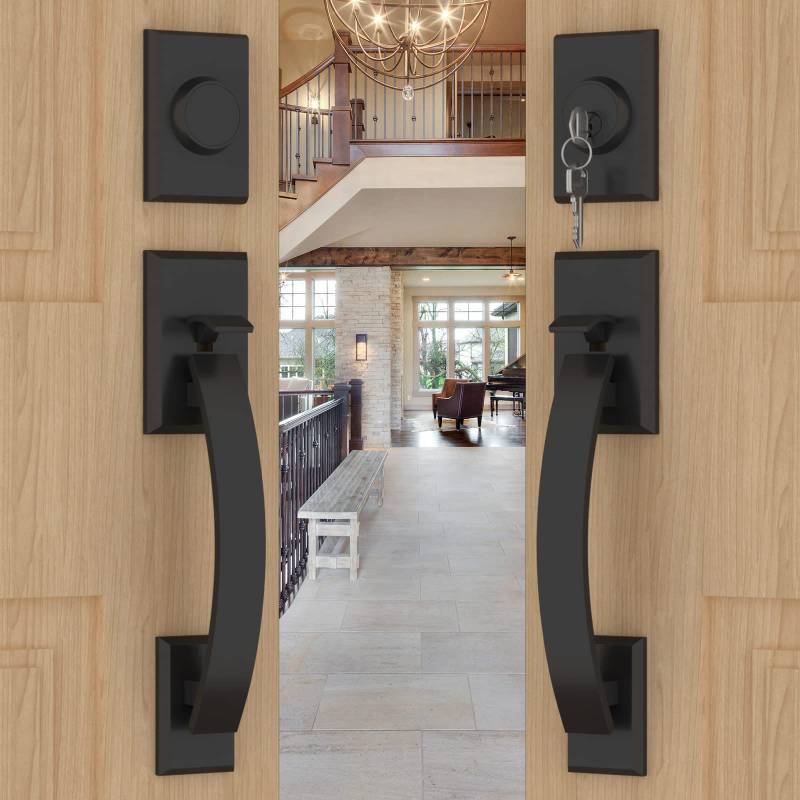 lot 45481 image: Double Front Door Lock Set, Matte Black Double Door Handle with Dummy, Double Front Door Hardware Set with Reversible Handle Lever - Retail $108