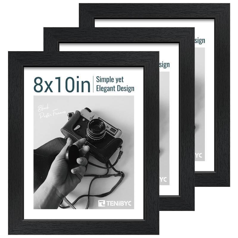lot 45486 image: 8x10 Picture Frame Set - 3 Pack, Textured Black Solid Wood, HD Tempered Glass, Gallery Photo Frame, Table or Wall Display - Retail $32