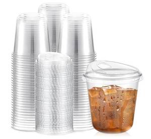 lot 36749 image: 100 Pcs Plastic Cups with Sip Lids Round Bottom Disposable Plastic Coffee Cups with Lids Clear Strawless Crystal Mugs for Iced Coffee Smoothie Cold Beverage Party Catering Supplies (10 oz) - Retail $30