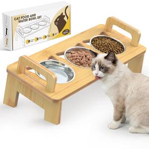 lot 36756 image: Bamboo Elevated Cat Bowls, 3 Stainless Steel Raised Cat Bowl with Stand, 15°Tilted Cat Feeding Station, Cat Food and Water Bowl Set for Small Cats, Anti Vomiting, Whisker Fatigue (Natural) - Retail $20