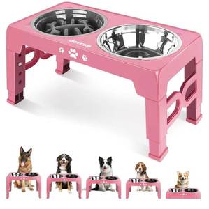 lot 36760 image: Elevated Dog Bowls for Medium Large Size Dogs, Non-Slip Dog Feeder with 1Stainless Steel Dishes & 1Slow Feeder Bowl, 5 Heights Adjustable Raised Bowls to 3.15��-8.66��-9.84��-11.02��-12.2�� - Retail $28
