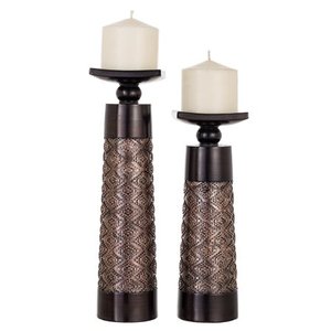 lot 36762 image: Dublin Decorative Pillar Candle Holder Set of 2 - Decor Centerpieces for Fireplace, Living or Dining Room Table (Brown) - Retail $90