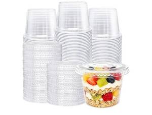 lot 36763 image: 100 Pack 8oz Plastic Cups with Flat Lids(Hole in the Lid),Disposable Clear Cups, Clear Crystal Dessert Cups for Parfait, Fruit, Snacks, Yogurt, Jelly, Ice Cream, Cold Drinks - Retail $18