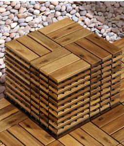 lot 36765 image: Pack of 10 Deck Tiles - 12x12 Interlocking Natural Solid Acacia Wood for Outdoor & Indoor, Patio Garden, Balcony, Poolside - Teak Color - Retail $35