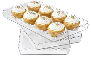 lot 36766 image: 3 Pack Acrylic Serving Trays for Party, 12.9 x 7.1 Inch Scalloped Clear Serving Platter for Food Coffee Tea Snack, Catering Dessert Tray for Cupcake Fruit Party Table Decor - Retail $23