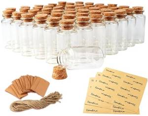 lot 36776 image: 32PCS 40ml Small Glass Bottles with Cork Lids, Potion Bottles with Cork Tags and Hemp Ropes, Spell jars Mini Glass Jars with Lids for Party Weddings Baby Shower Favors Crafts Home Decorations - Retail $17