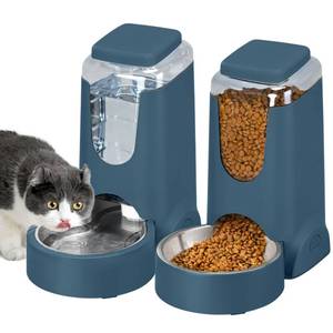 lot 36781 image: 2 Pack Automatic Cat Feeder and Dog Food Feeder, Gravity Stainless Steel Water Dispenser and Waterer Set for Small Medium Puppy Kitten Pets (1 Gallon x 2, Navy Blue) - Retail $40
