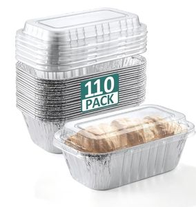 lot 36784 image: 110 Pack 6x3.5x2 Disposable Aluminum Loaf Pans with Lids - 1 Lb Mini Loaf Pans, Small Aluminum Tin Foil Baking Pan, Food Containers for Baking, Cakes, Bread, Meat, Loaves - Retail $28