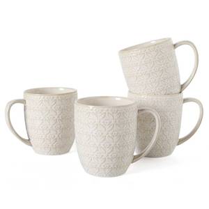 lot 36785 image: 16OZ Ceramic Embossed Coffee Mugs Set, Large White Coffee Cups with Handles, Porcelain Mug Sets with Patterns for Tea, Milk, Latte, Mocha, Cocoa, Cappuccino, Dishwasher Safe, Cups Set Gift (4PCS) - Retail $26