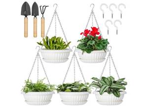 lot 36790 image: Hanging Planters, 5 Pcs 11 Hanging Pots, White Hanging Flower Pots, Hanging Plant Pots Baskets for Plants with Drainage Trays, Hanging Chains and Ceiling Hooks, Come with Free Garden Tools Set - Retail $26